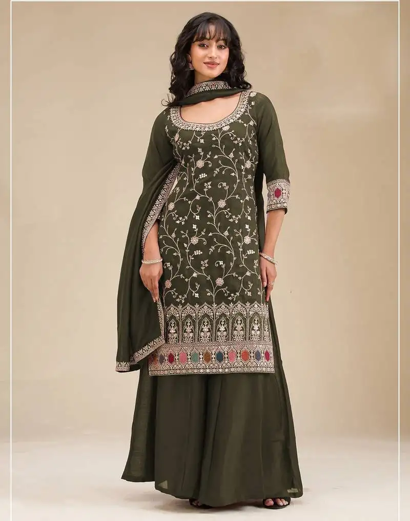 Mehendi color embroideried faux chiffon semi stitched salwar suit