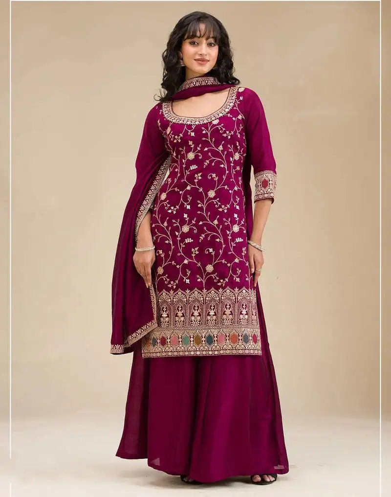 Rani-pink color embroideried faux chiffon semi stitched salwar suit