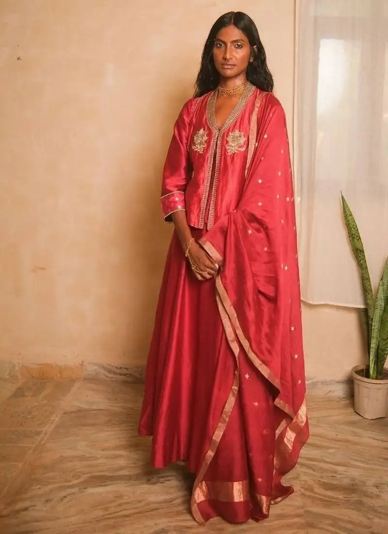 Red embroidered dupion silk kurta set