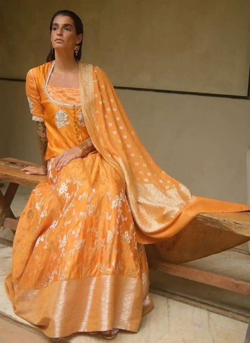 Yellow embroidered dupion silk lehenga
