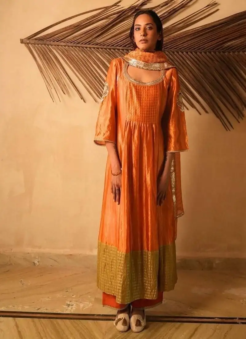 Yellow embroidered dupion silk kurta set