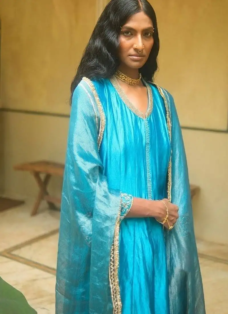 Turquoise-blue plain dupion silk kurta set