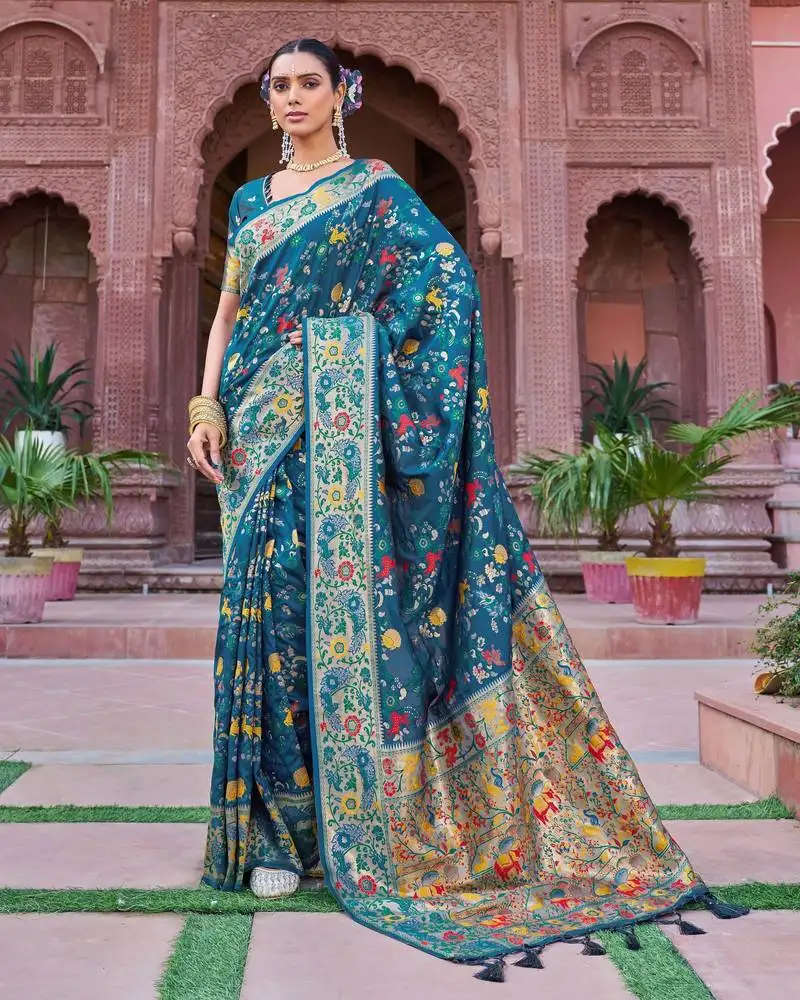 Rama soft silk blend saree with unstitched blouse