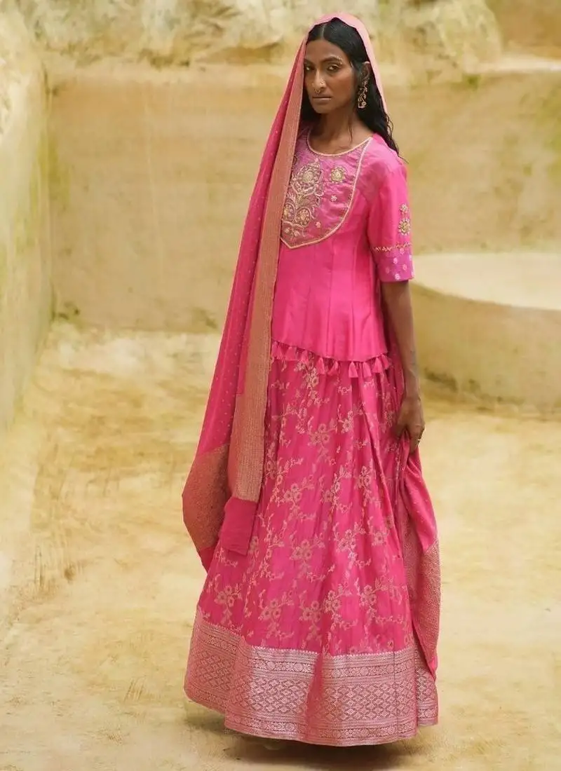 Fuchsia embroidered chanderi lehenga