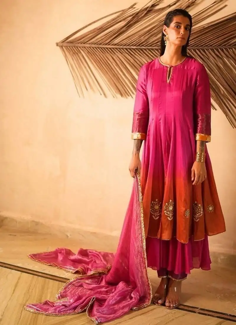 Rani-pink plain chanderi silk kurta set