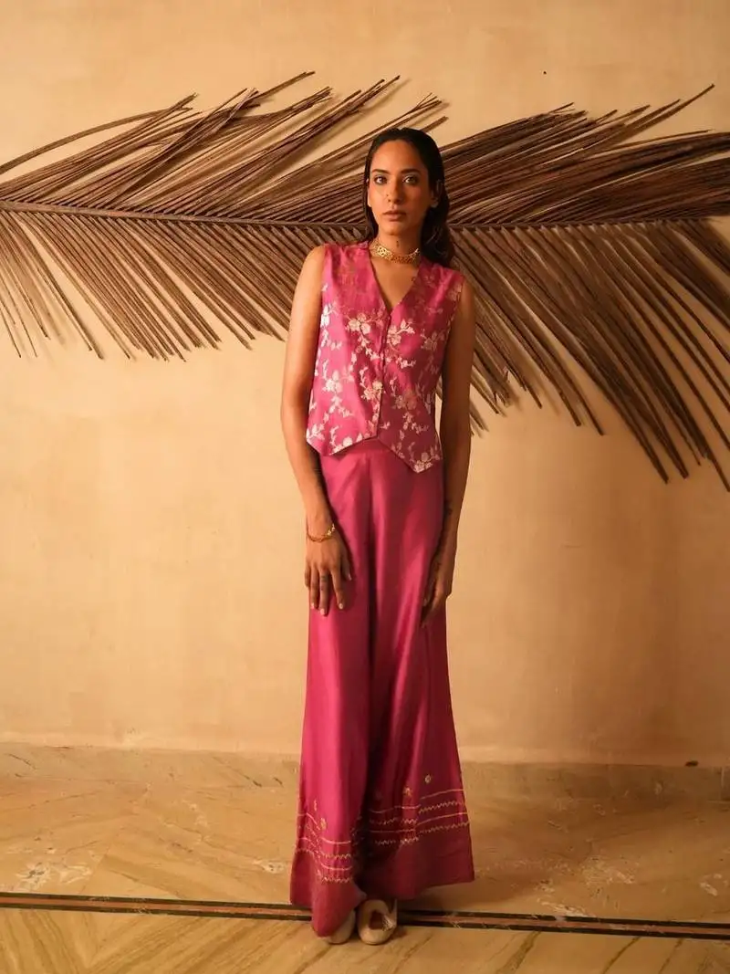 Rose embroidered banarasi silk co ord set