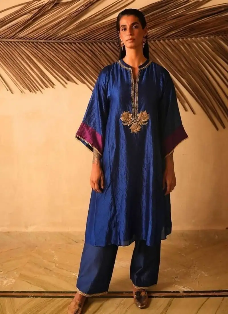 Navy-blue embroidered dupion silk kurta set