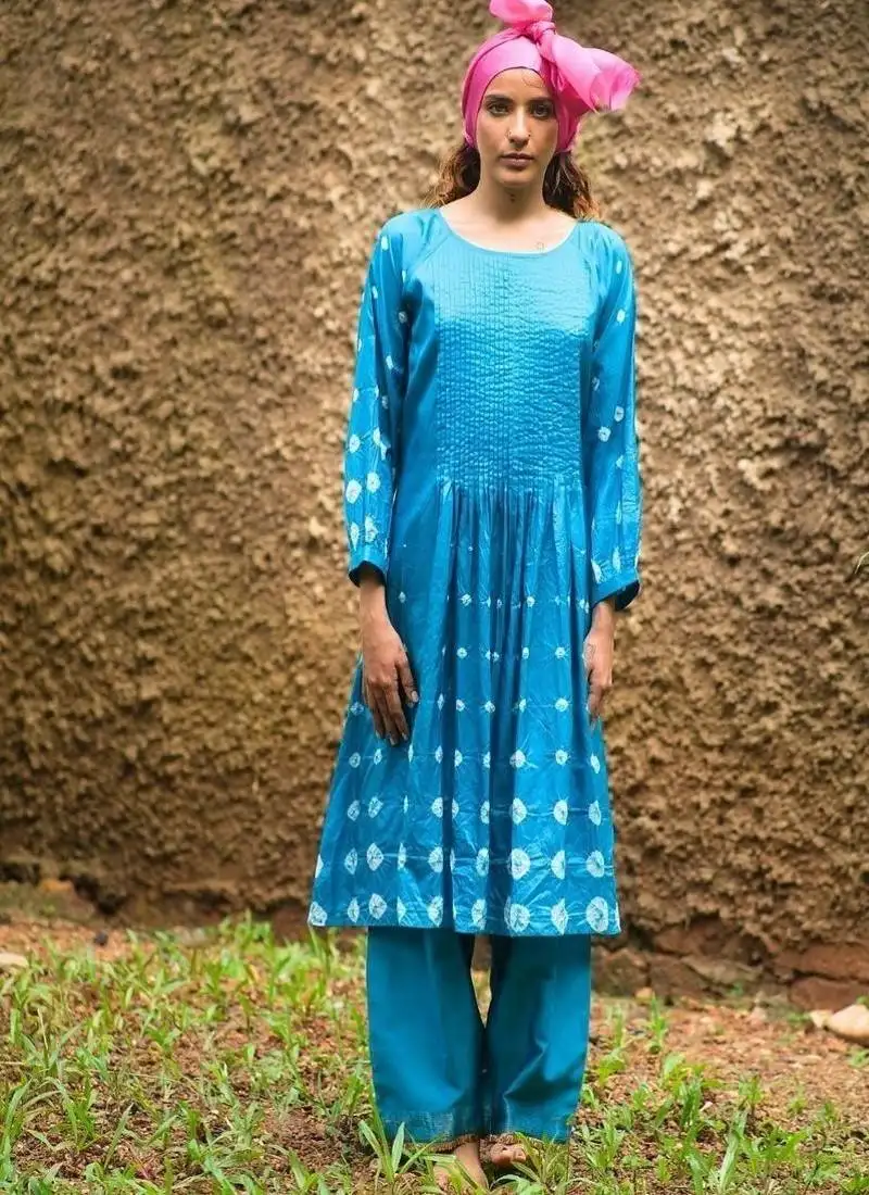 Turquoise blue plain silk kurta set