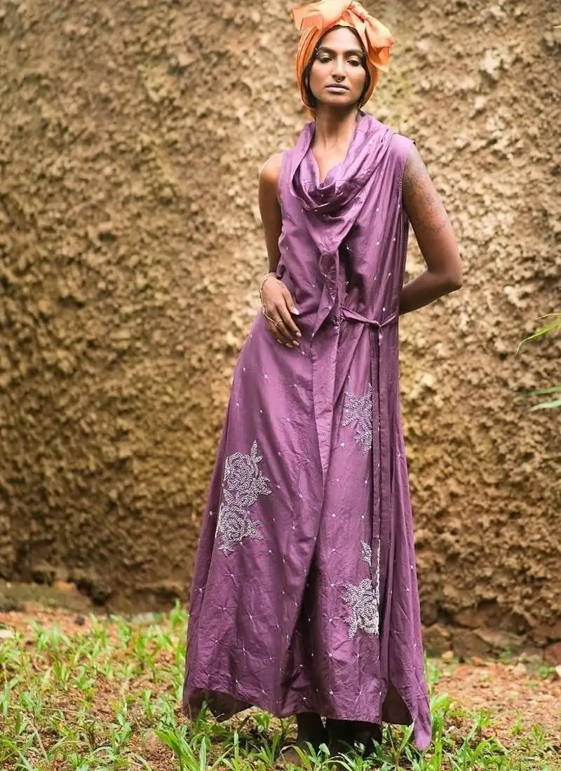 Purple embroidered silk dress