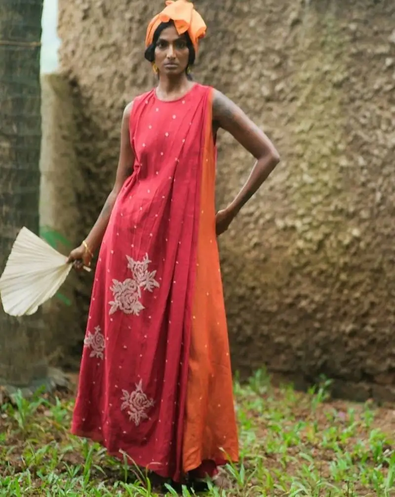 Red embroidered chanderi dress