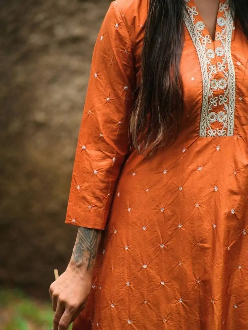 Orange plain silk kurta set