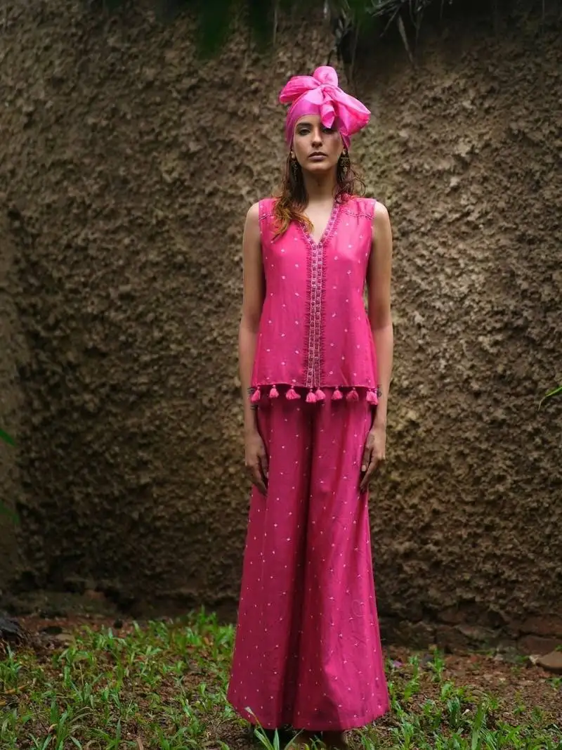 Rani-pink embroidered silk co ord set