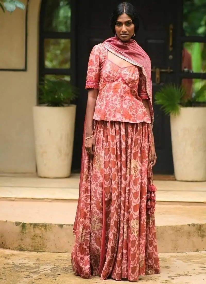 Maroon printed cotton lehenga