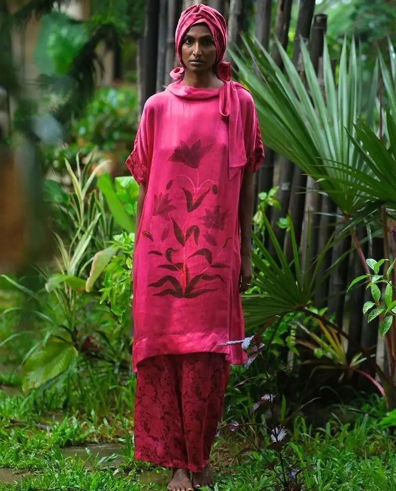 Pink printed satin kurta set