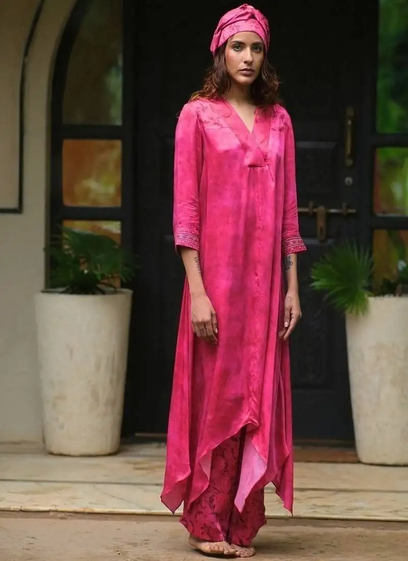 Pink plain satin kurta set
