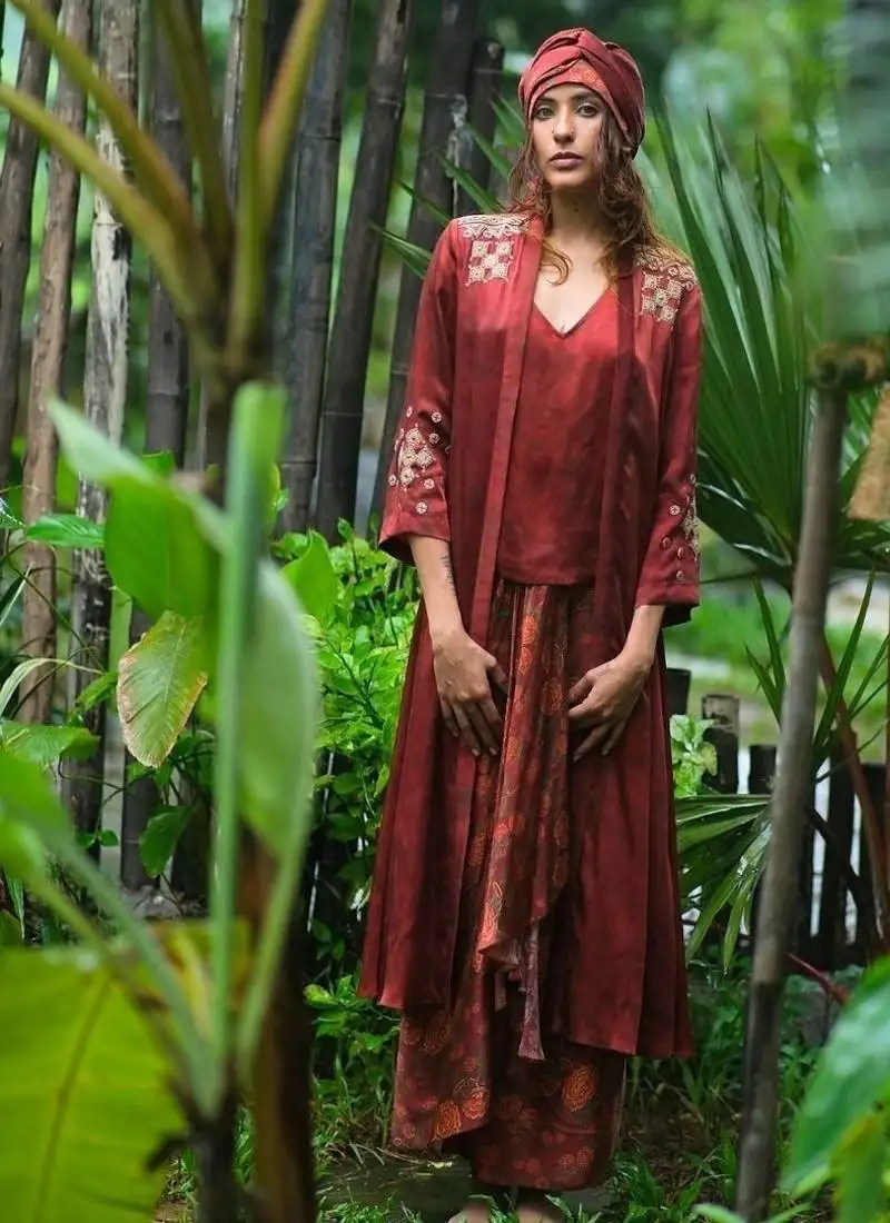 Maroon embroidered satin co ord set