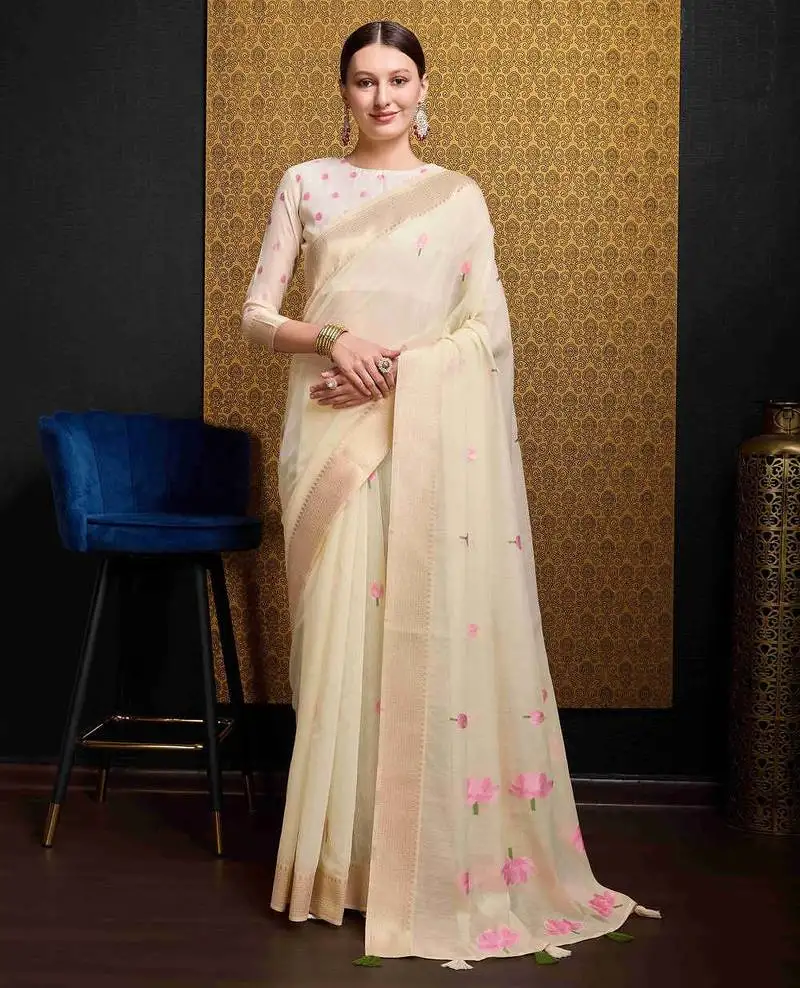 Cream linen saree with unstitched blouse