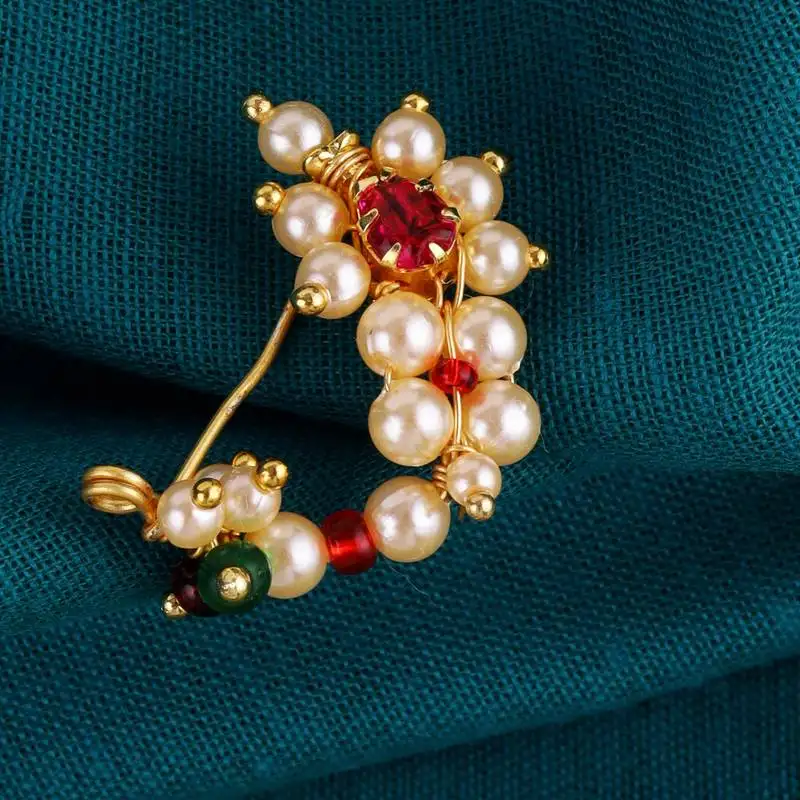 Traditional appealing oval shape gold plated maharashtrian nosepin :: nath without piercing for women and girls