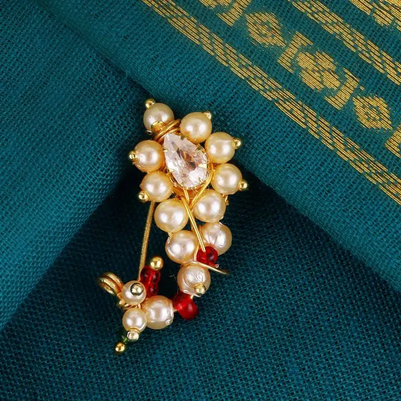 Traditional beautiful oval shape gold plated maharashtrian nosepin :: nath without piercing for women and girls