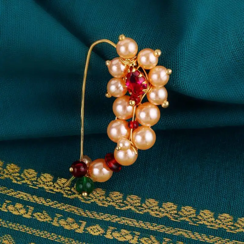 Traditional brilliant oval shape gold plated maharashtrian nosepin :: nath without piercing for women and girls