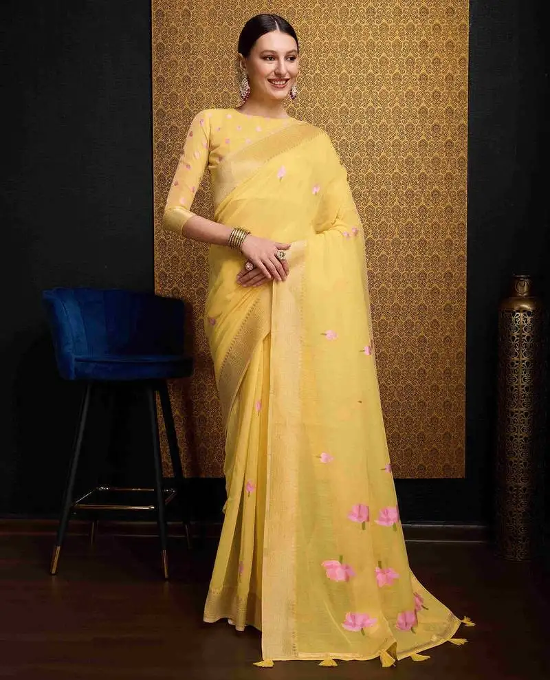 Yellow linen saree with unstitched blouse