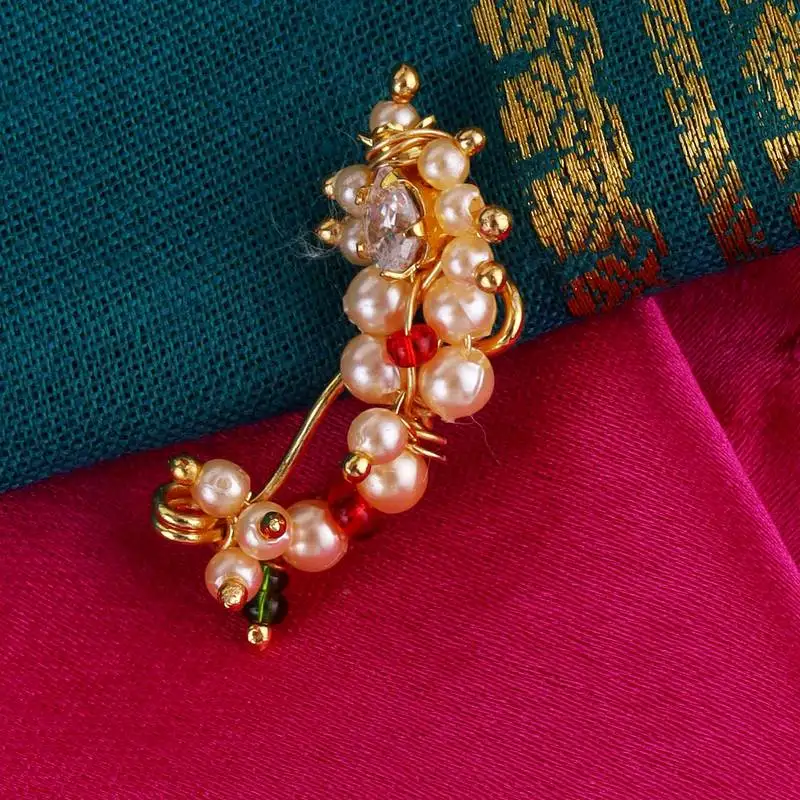 Traditional charming oval shape gold plated maharashtrian nosepin :: nath without piercing for women and girls