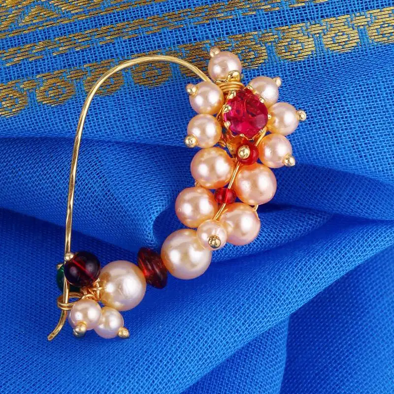 Traditional creative oval shape gold plated maharashtrian nosepin :: nath without piercing for women and girls