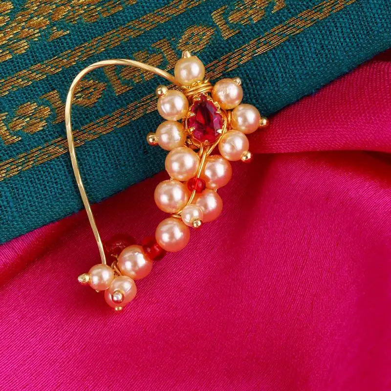 Traditional dazzling oval shape gold plated maharashtrian nosepin :: nath without piercing for women and girls