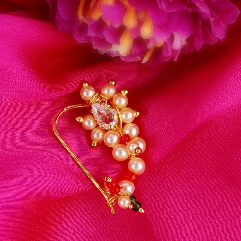 Traditional delightful oval shape gold plated maharashtrian nosepin :: nath without piercing for women and girls
