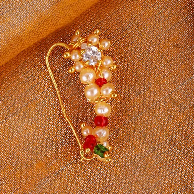 Traditional designer oval shape gold plated maharashtrian nosepin :: nath without piercing for women and girls