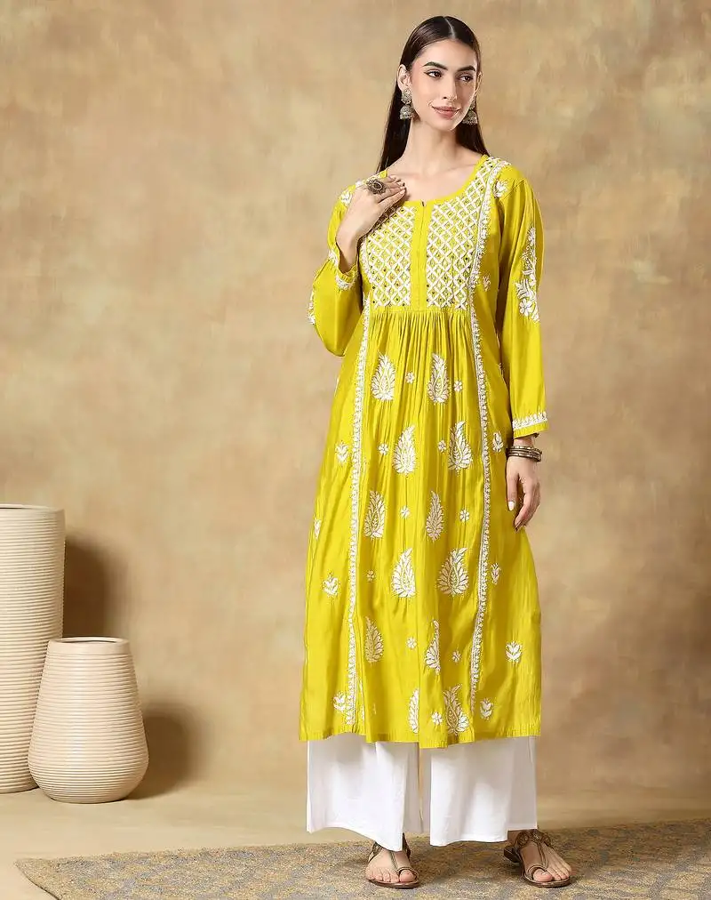 Chinkari yellow color embroided roman silk kurta for women - round neck-full sleeves