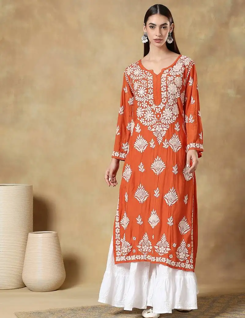 Chinkari orange color embroided muslin kurta for women - v - neck-full sleeves