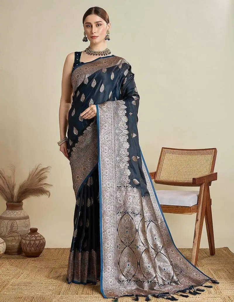 Black soft silk blend saree party wear with unstitched blouse