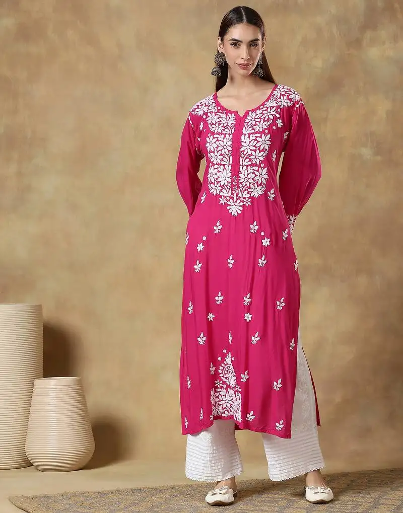 Chinkari pink color embroided modal kurta for women - round neck-full sleeves