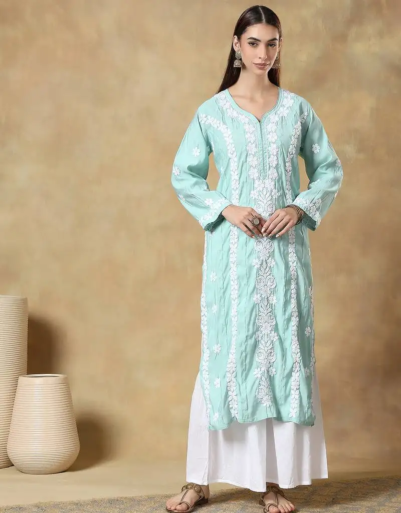 Chinkari green color embroided roman silk kurta for women - v - neck-full sleeves