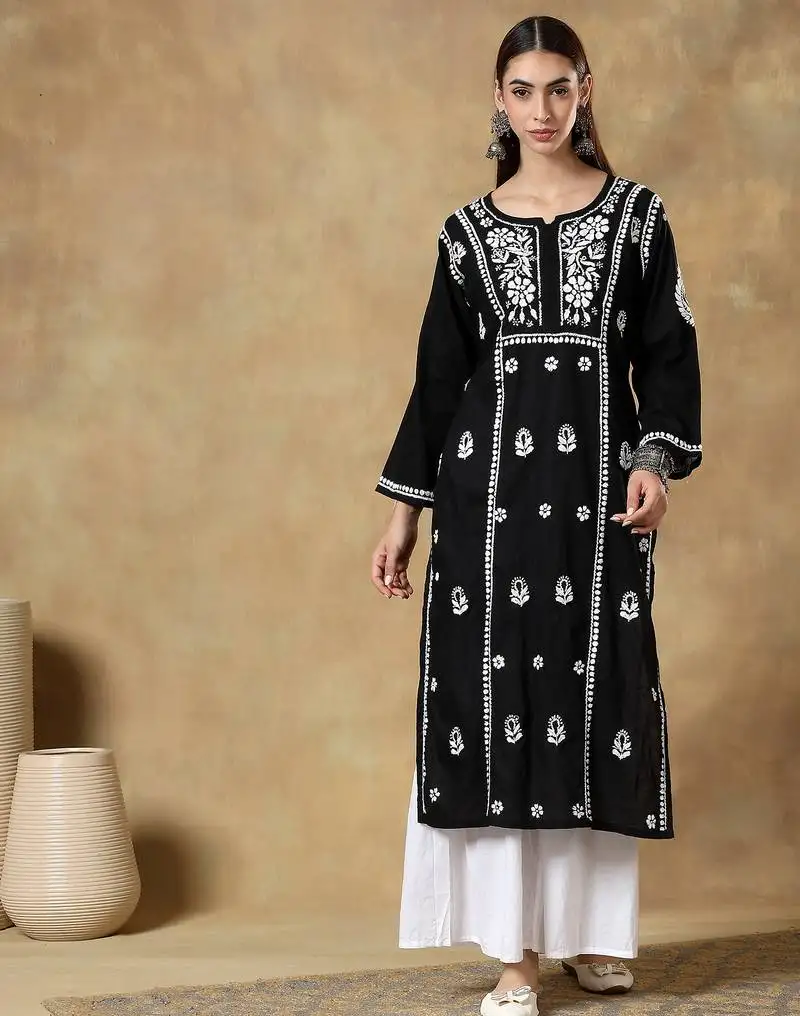 Chinkari black color embroided cotton kurta for women - boat neck-full sleeves
