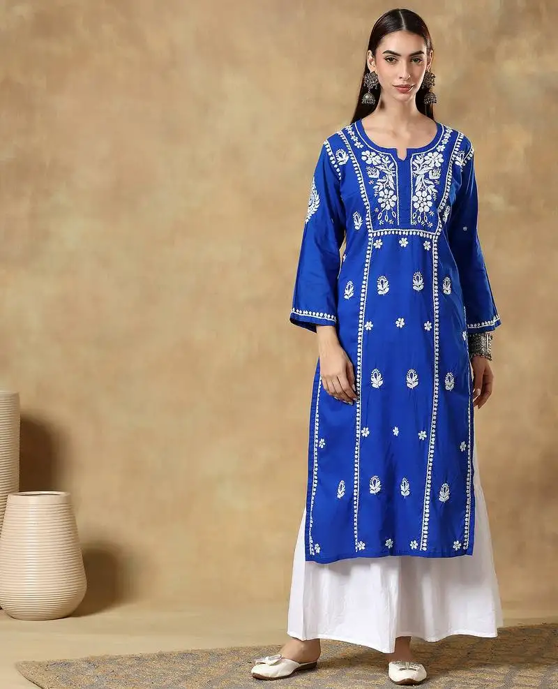 Chinkari blue color embroided cotton kurta for women - boat neck-full sleeves