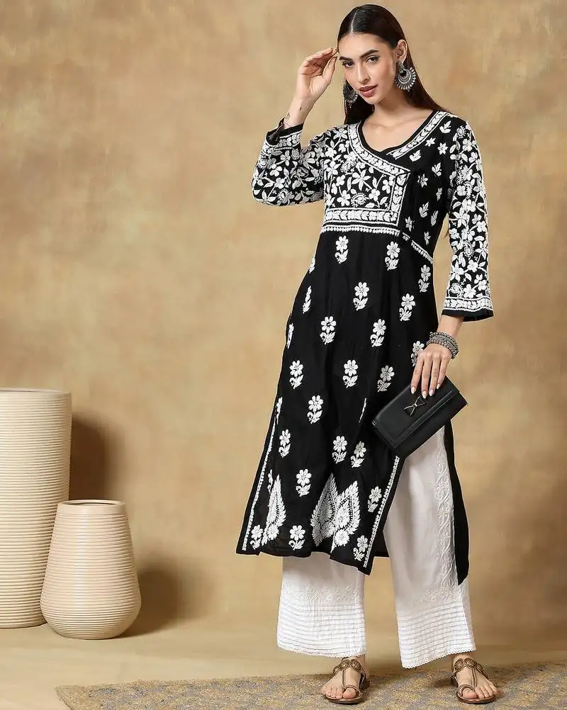 Chinkari black color embroided cotton kurta for women - v- neck-full sleeves