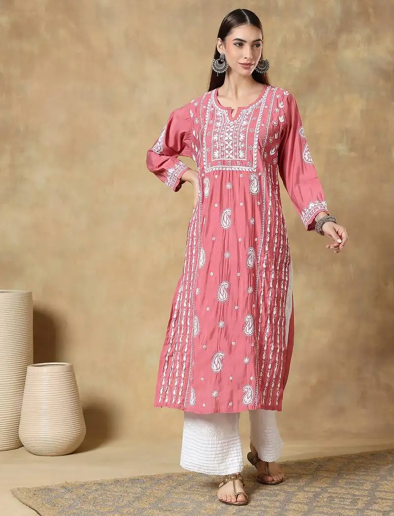Chinkari muave color embroided roman silk kurta for women - round neck-full sleeves
