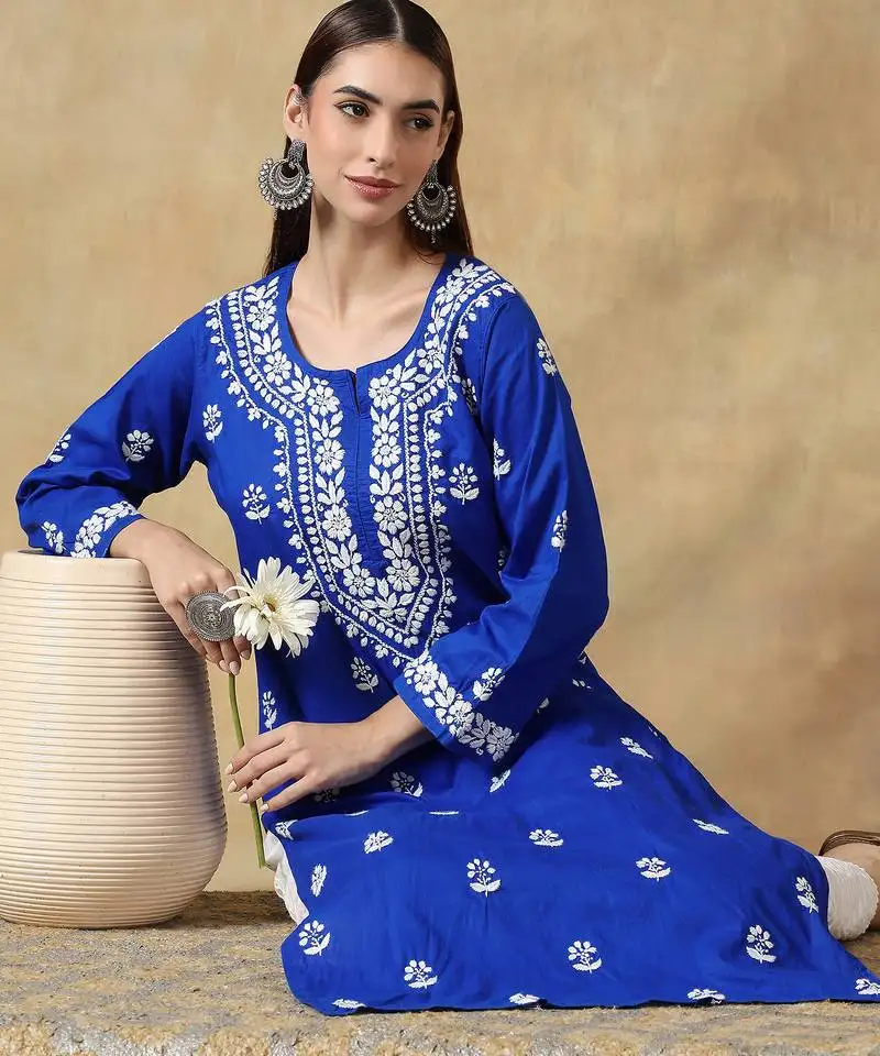 Chinkari blue color embroided cotton kurta for women - round neck-full sleeves