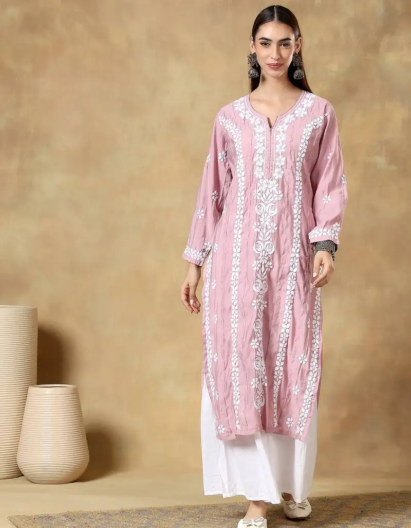 Chinkari muave color embroided roman silk kurta for women - v- neck-full sleeves
