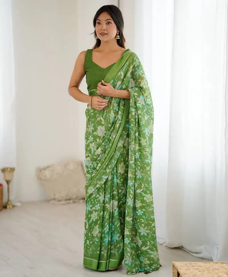 Bright moss satin patta printed saree