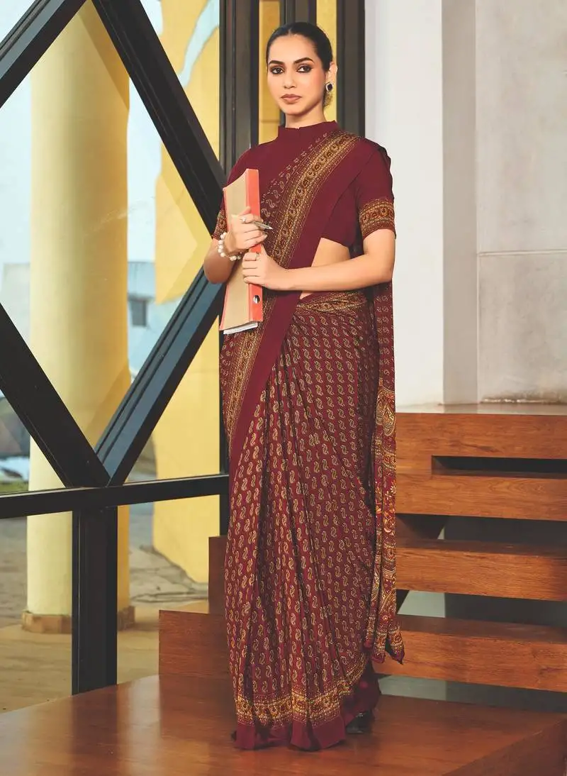 Red crepe silk printed saree with unstitched blouse