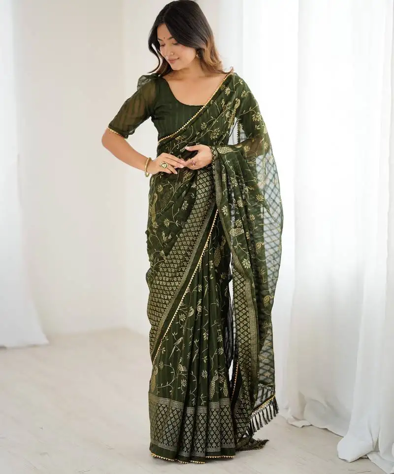 Georgette printed foil work with small zalar lace saree & unstitched blouse piece