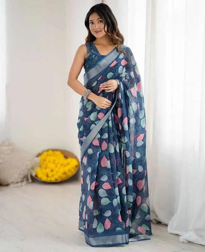 Linen patta printed saree