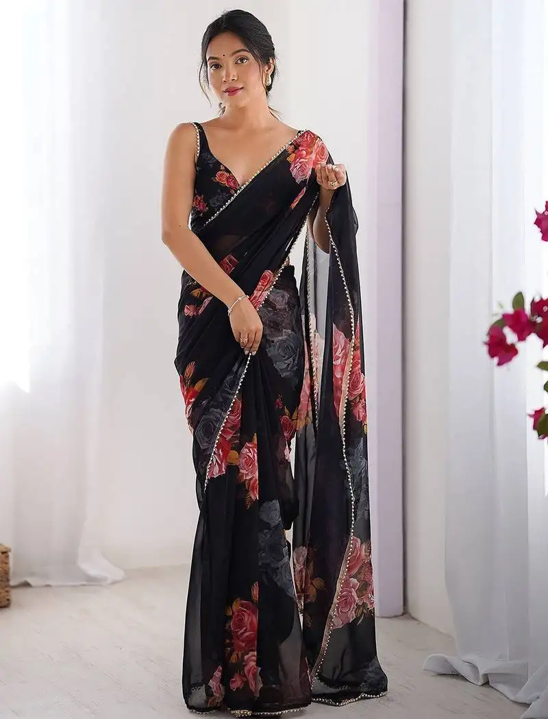 Georgette printed saree with moti lace border
