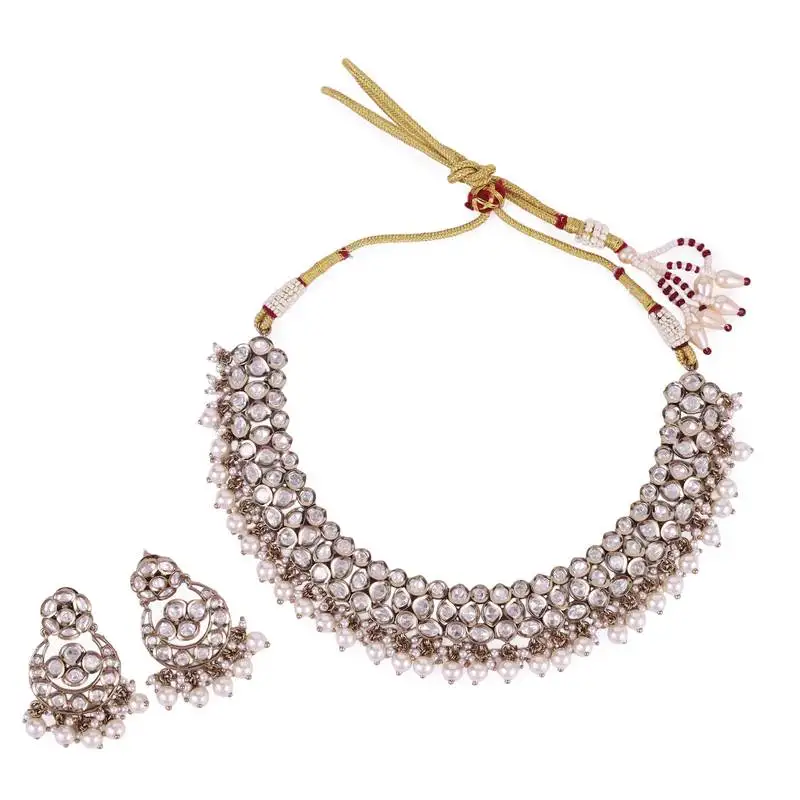 Marvellous round shape and pearls guchha gold plated choker necklace set for women and girls