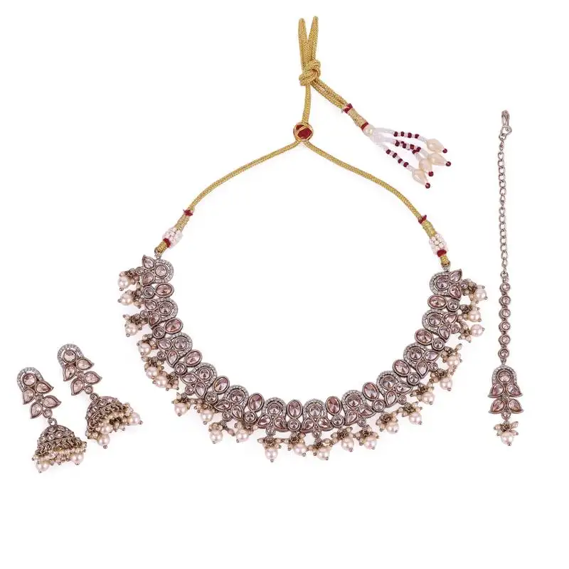 Splendid leaf and paisley design pearls guchha gold plated choker necklace set with maangikka for women and girls