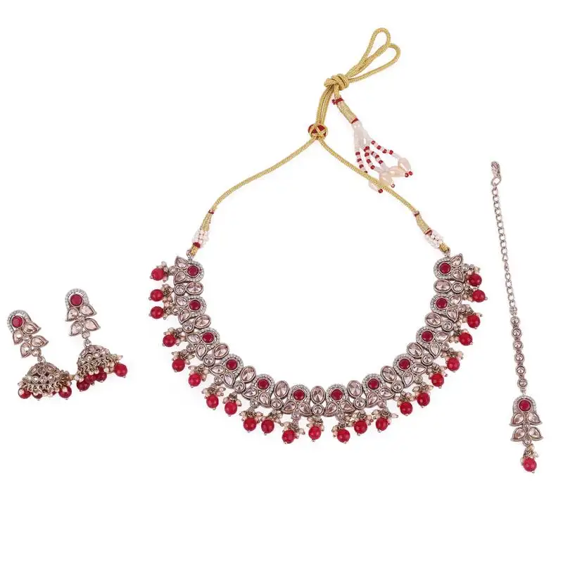 Trendy leaf and paisley design red stone gold plated choker necklace set with maangikka for women and girls