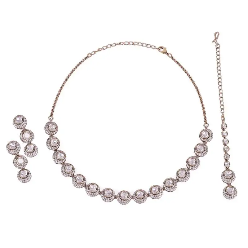 Excellent round shape cz studded gold plated choker necklace set with maangikka for women and girls